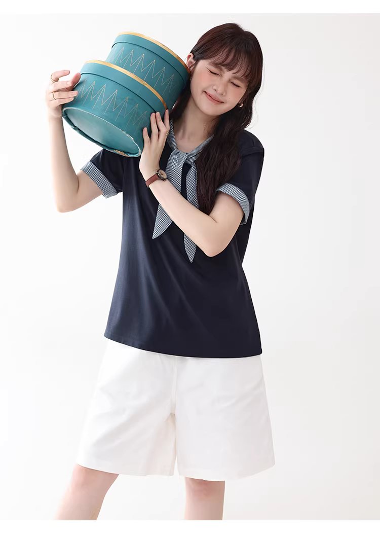 拼接格紋綁帶領短袖T恤女夏季新款時尚減齡上衣,拼接格紋綁帶領短袖T恤女夏季新款時尚減齡上衣,HBFS1053,拼接格紋綁帶領短袖T恤女夏季新款時尚減齡上衣,領結造型,舒適面料