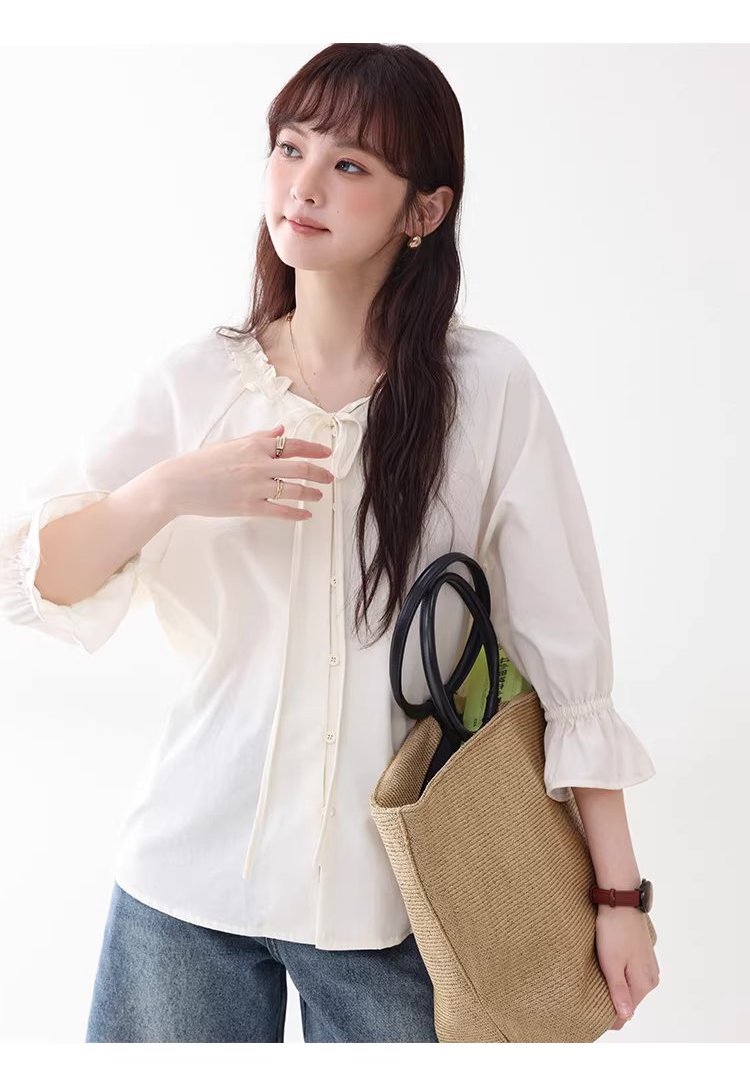 法式木耳邊綁帶V領襯衫女夏新款七分袖羈扣上衣,法式木耳邊綁帶V領襯衫女夏新款七分袖羈扣上衣,HBFS1055,法式木耳邊綁帶V領襯衫女夏新款七分袖羈扣上衣,法式甜美,木耳邊