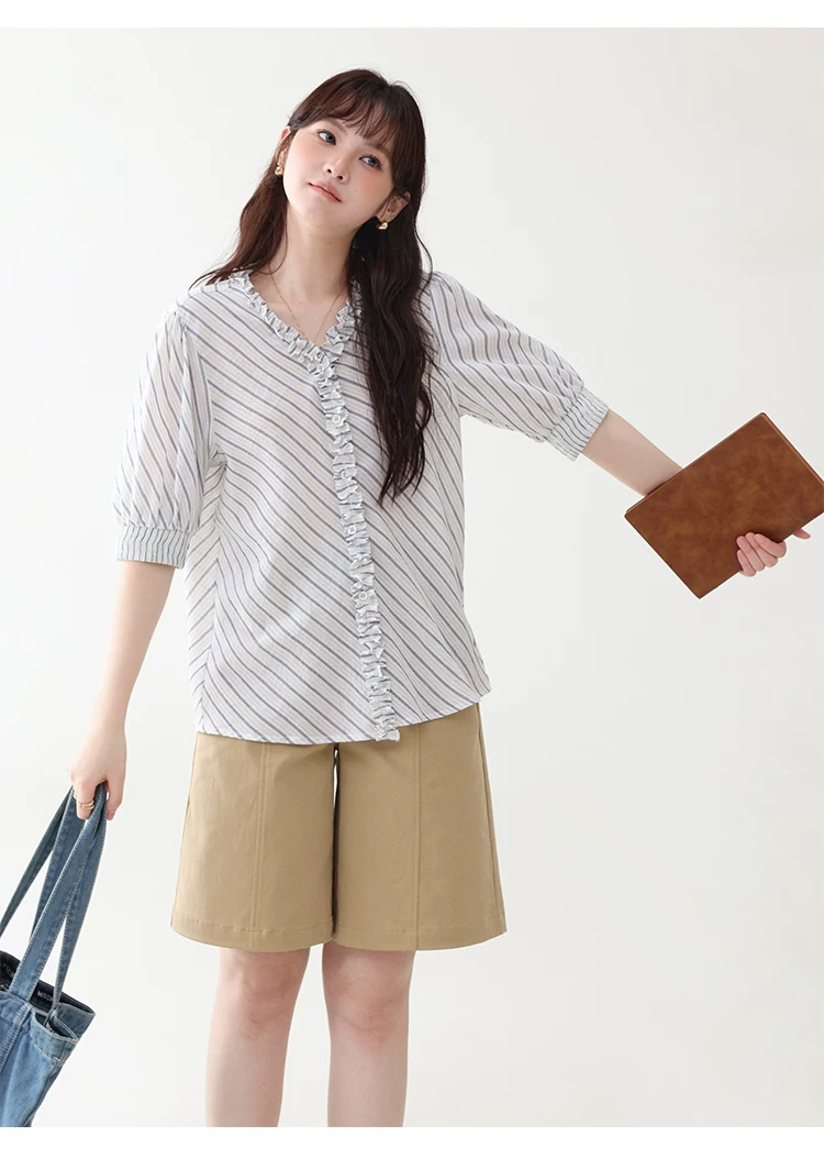 藍條紋v領木耳邊襯衫女夏季新款純棉五分袖上衣,藍條紋v領木耳邊襯衫女夏季新款純棉五分袖上衣,HBFS1098,藍條紋v領木耳邊襯衫女夏季新款純棉五分袖上衣,荷葉邊領,全棉面料