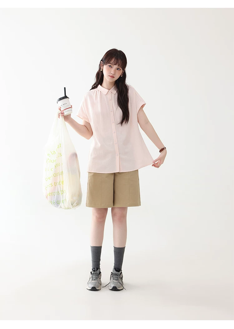 甜美純色小翻領短袖襯衫女夏新款寬鬆單排扣上衣,襯衫,韓系女裝,甜美純色小翻領短袖襯衫女夏新款寬鬆單排扣上衣,HBFS1100,甜美純色小翻領短袖襯衫女夏新款寬鬆單排扣上衣