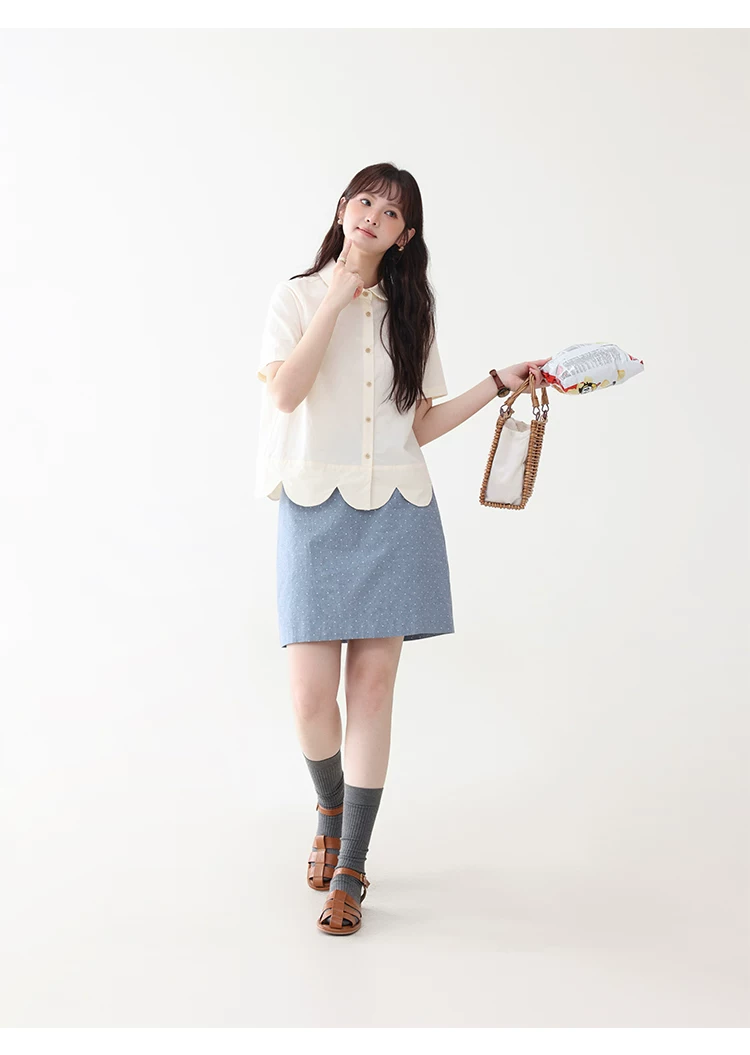 設計感波浪下擺純棉襯衫女夏新款減齡娃娃領上衣,設計感波浪下擺純棉襯衫女夏新款減齡娃娃領上衣,HBFS1112,設計感波浪下擺純棉襯衫女夏新款減齡娃娃領上衣,花邊衣襬,全棉面料