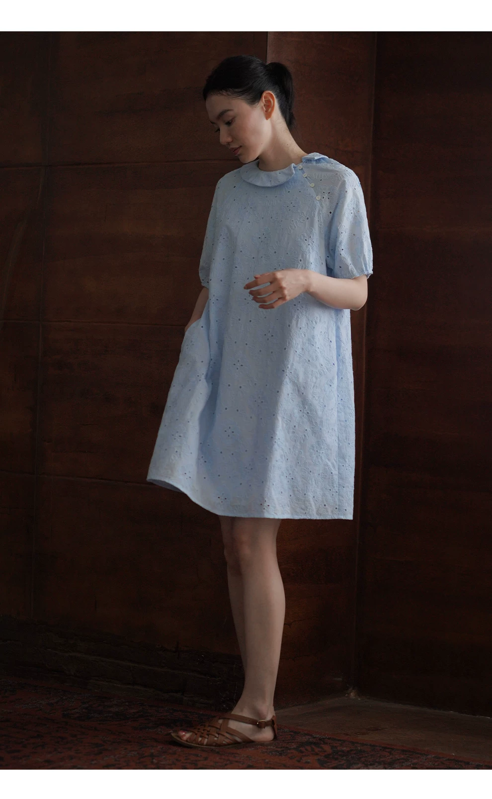 重工鏤空立體浮雕刺繡高支100棉翻領寬鬆直筒顯瘦洋裝,重工鏤空立體浮雕刺繡高支100棉翻領寬鬆直筒顯瘦洋裝,HBFS7084,重工鏤空立體浮雕刺繡高支100棉翻領寬鬆直筒顯瘦洋裝,簍空刺繡,泡泡袖