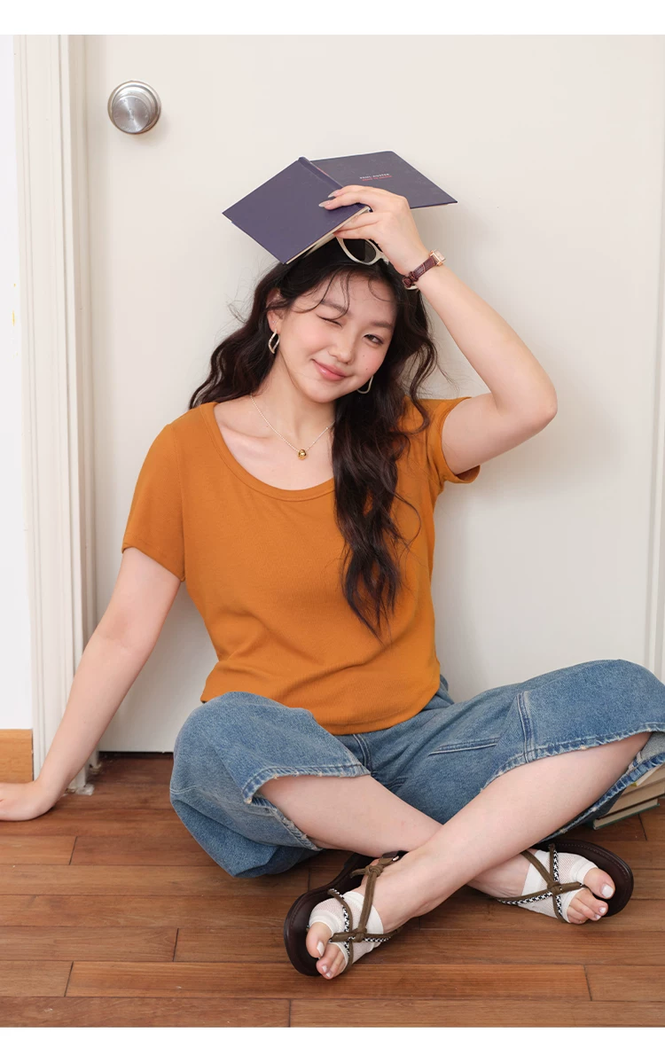大尺碼簡約基本款短袖橘色T恤女夏上衣,HBFS1184,大尺碼簡約基本款短袖橘色T恤女夏上衣,基本百搭,舒適好穿,圓弧衣襬