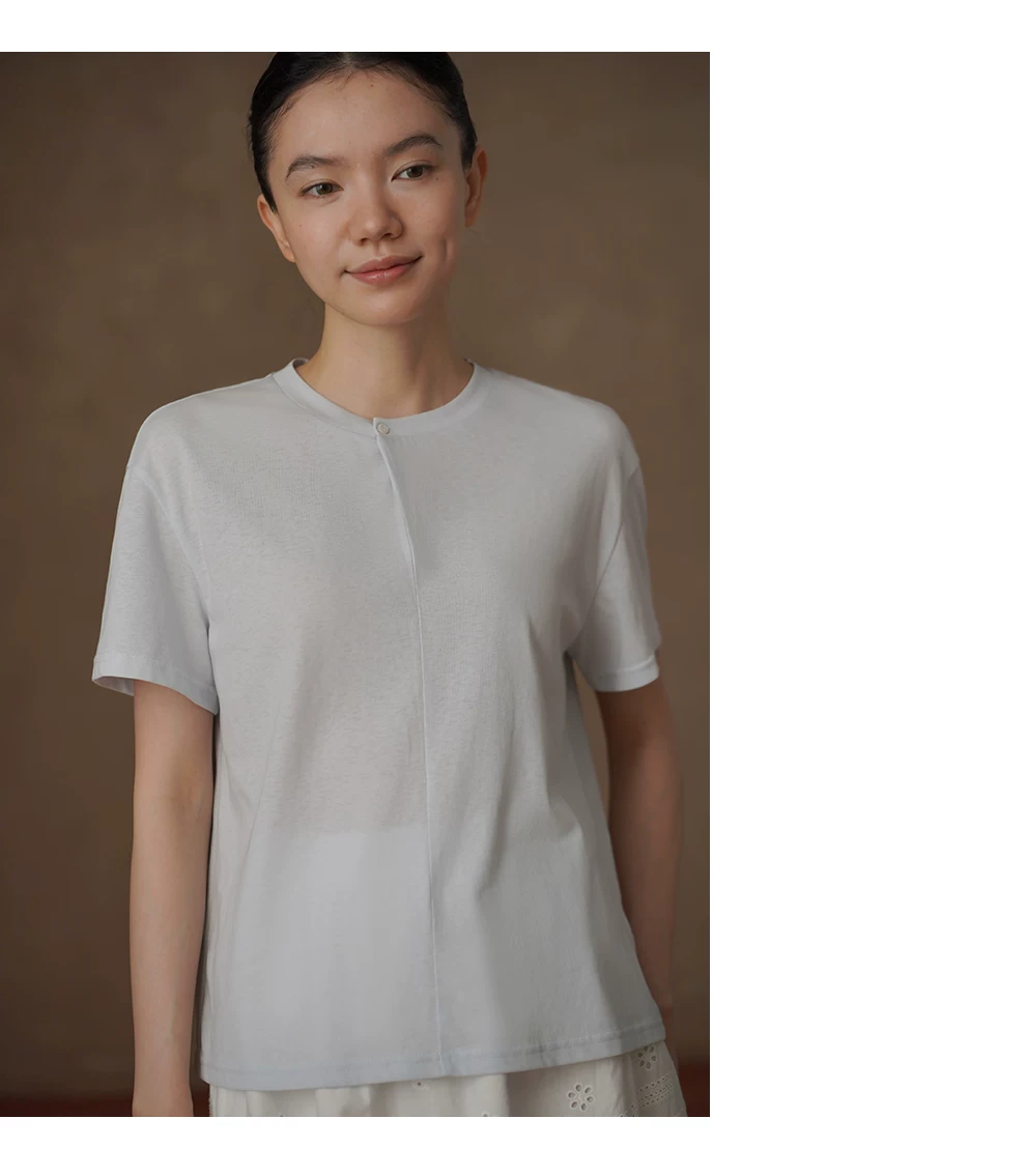清透氣質藍上衣圓領斜門襟設計寬鬆顯瘦短袖亞麻棉T恤女,清透氣質藍上衣圓領斜門襟設計寬鬆顯瘦短袖亞麻棉T恤女,HBFS1211,清透氣質藍上衣圓領斜門襟設計寬鬆顯瘦短袖亞麻棉T恤女,單釦點綴,寬鬆落肩