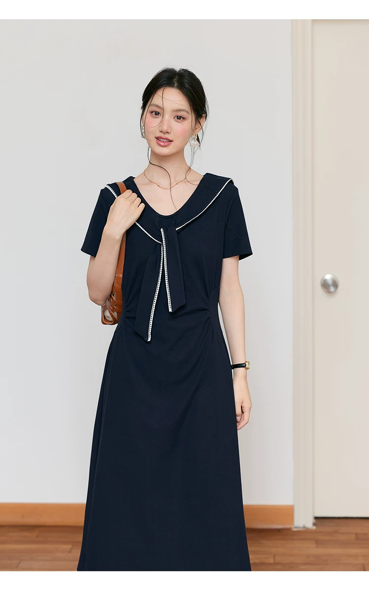 大尺碼夏日巨好看短袖海軍領洋裝女2026年新款綁帶法式長裙,大尺碼夏日巨好看短袖海軍領洋裝女2026年新款綁帶法式長裙,HBFS7117,大尺碼夏日巨好看短袖海軍領洋裝女2026年新款綁帶法式長裙,中大尺碼,海軍領
