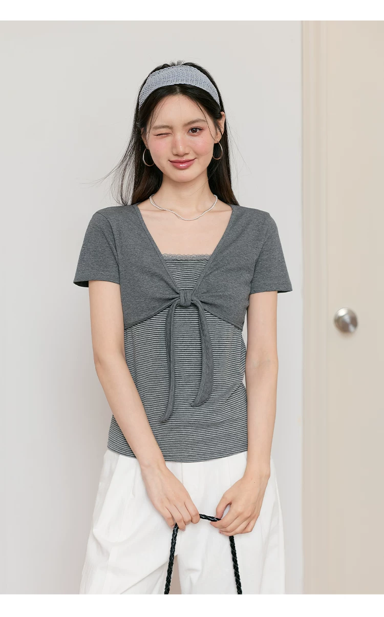 大尺碼假兩件綁帶條紋T恤女2026新款夏季正肩灰色短袖上衣女,大尺碼假兩件綁帶條紋T恤女2026新款夏季正肩灰色短袖上衣女,HBFS1218,大尺碼假兩件綁帶條紋T恤女2026新款夏季正肩灰色短袖上衣女,中大尺碼,綁帶造型