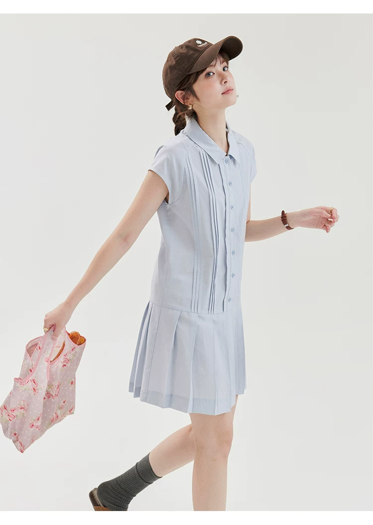 藍色萊賽爾百褶洋裝女夏季新款少女感短袖短裙,藍色萊賽爾百褶洋裝女夏季新款少女感短袖短裙,HBFS7144,藍色萊賽爾百褶洋裝女夏季新款少女感短袖短裙,綁帶衣領,天絲混棉