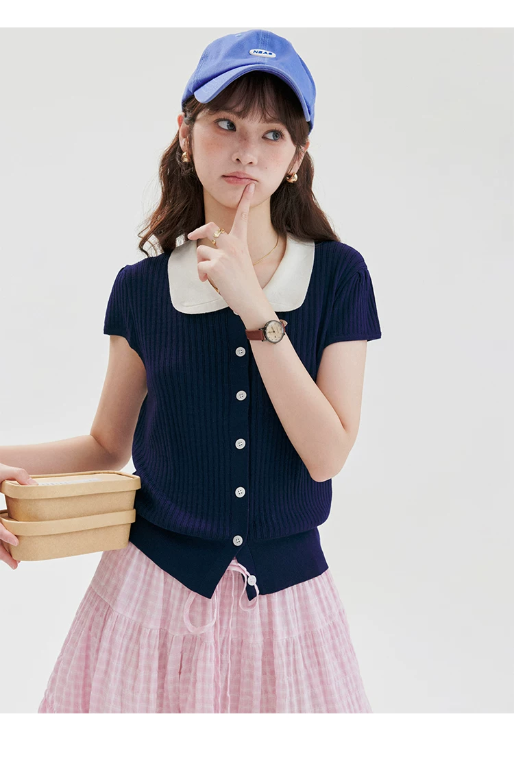 撞色領短版連結針織衫女夏新款文藝減齡短袖上衣,撞色領短版連結針織衫女夏新款文藝減齡短袖上衣,HBFS1287,撞色領短版連結針織衫女夏新款文藝減齡短袖上衣,撞色翻領,薄款針織