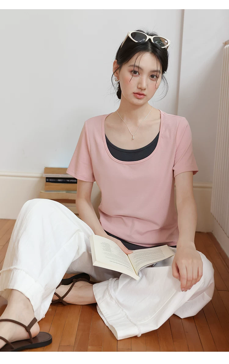 大尺碼粉紅短袖T恤女2026全新夏裝微胖巨好看假兩件u領上衣女,大尺碼粉紅短袖T恤女2026全新夏裝微胖巨好看假兩件u領上衣女,HBFS1295,大尺碼粉紅短袖T恤女2026全新夏裝微胖巨好看假兩件u領上衣女,中大尺碼,天絲混棉