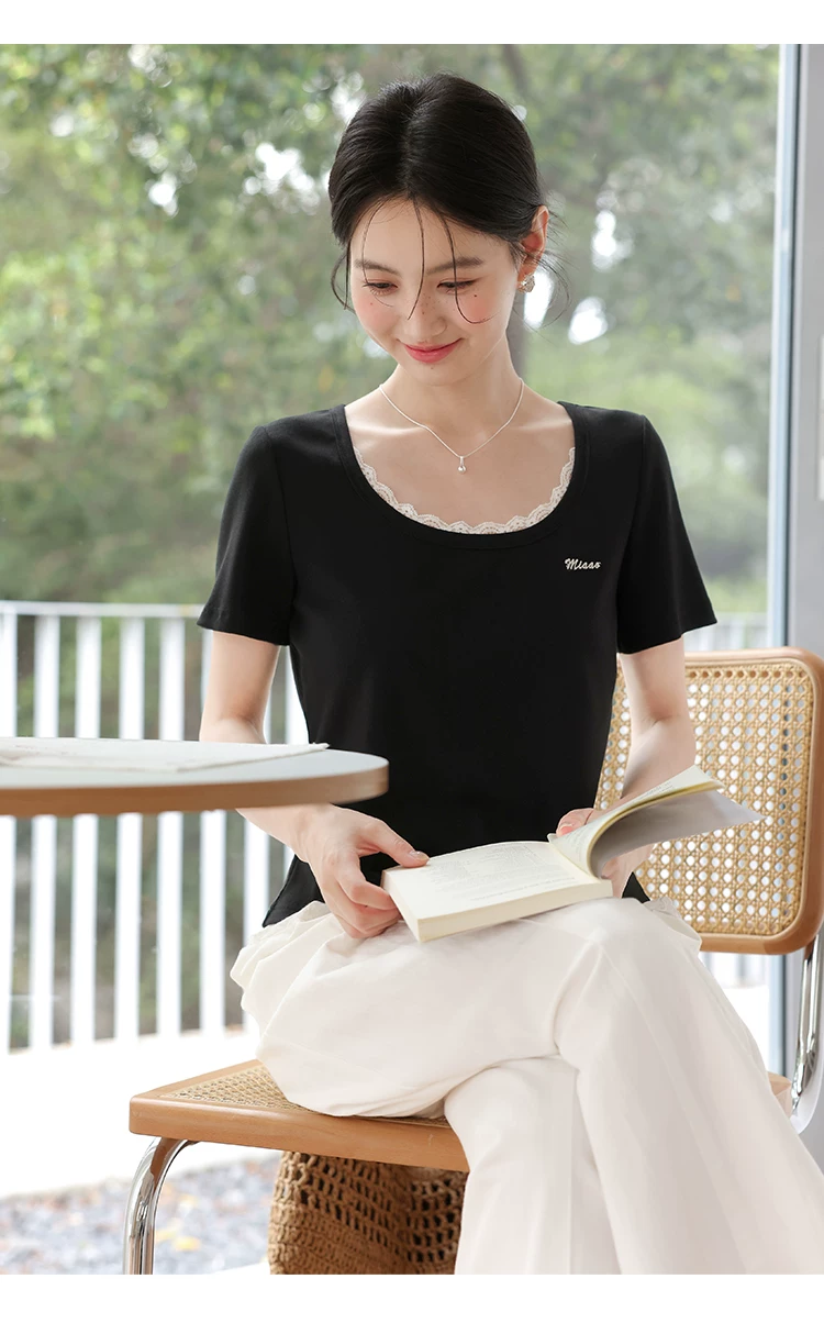 大尺碼女裝黑色短袖T恤女夏2026新款顯瘦拼接蕾絲花邊u領上衣,大尺碼女裝黑色短袖T恤女夏2026新款顯瘦拼接蕾絲花邊u領上衣,HBFS1296,大尺碼女裝黑色短袖T恤女夏2026新款顯瘦拼接蕾絲花邊u領上衣,中大尺碼,蕾絲拼接