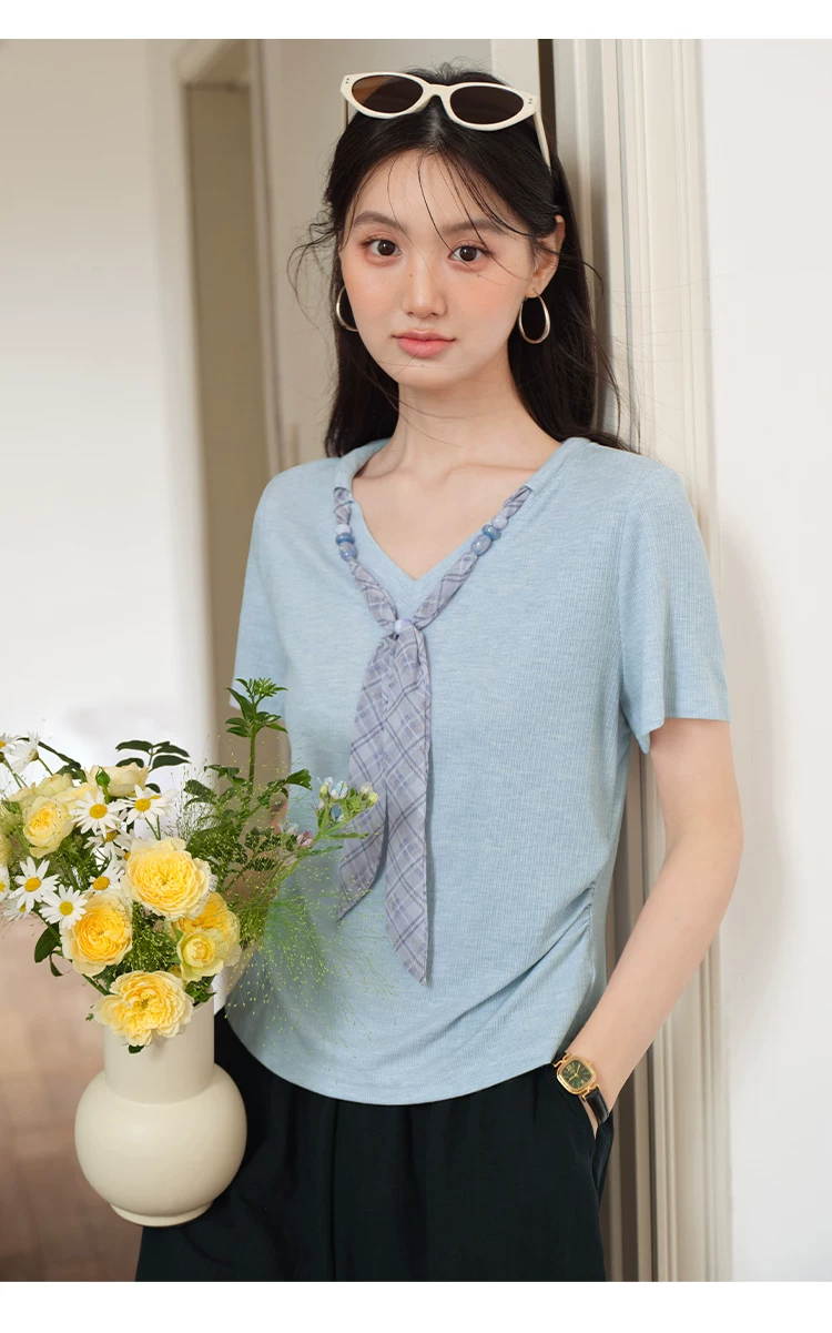 大尺碼法式飄帶V領短袖T恤女2026新款顯瘦夏裝正肩藍色上衣女,大尺碼法式飄帶V領短袖T恤女2026新款顯瘦夏裝正肩藍色上衣女,HBFS1313,大尺碼法式飄帶V領短袖T恤女2026新款顯瘦夏裝正肩藍色上衣女,中大尺碼,飄帶領結