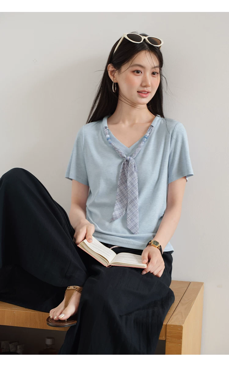 大尺碼法式飄帶V領短袖T恤女2026新款顯瘦夏裝正肩藍色上衣女,大尺碼法式飄帶V領短袖T恤女2026新款顯瘦夏裝正肩藍色上衣女,HBFS1313,大尺碼法式飄帶V領短袖T恤女2026新款顯瘦夏裝正肩藍色上衣女,中大尺碼,飄帶領結