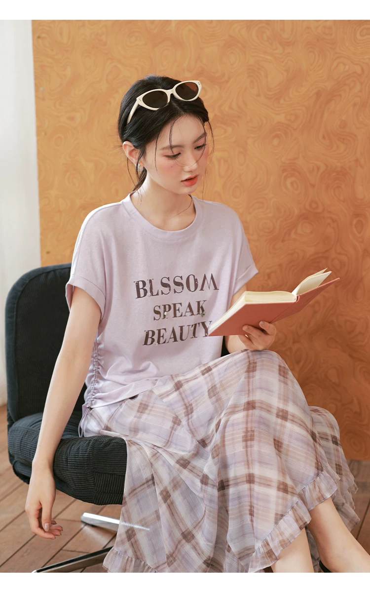 大尺碼夏裝字母印花短袖T恤女2026新款胖mm巨好看粉紫色上衣,大尺碼夏裝字母印花短袖T恤女2026新款胖mm巨好看粉紫色上衣,HBFS1317,大尺碼夏裝字母印花短袖T恤女2026新款胖mm巨好看粉紫色上衣,中大尺碼,腰間抽繩