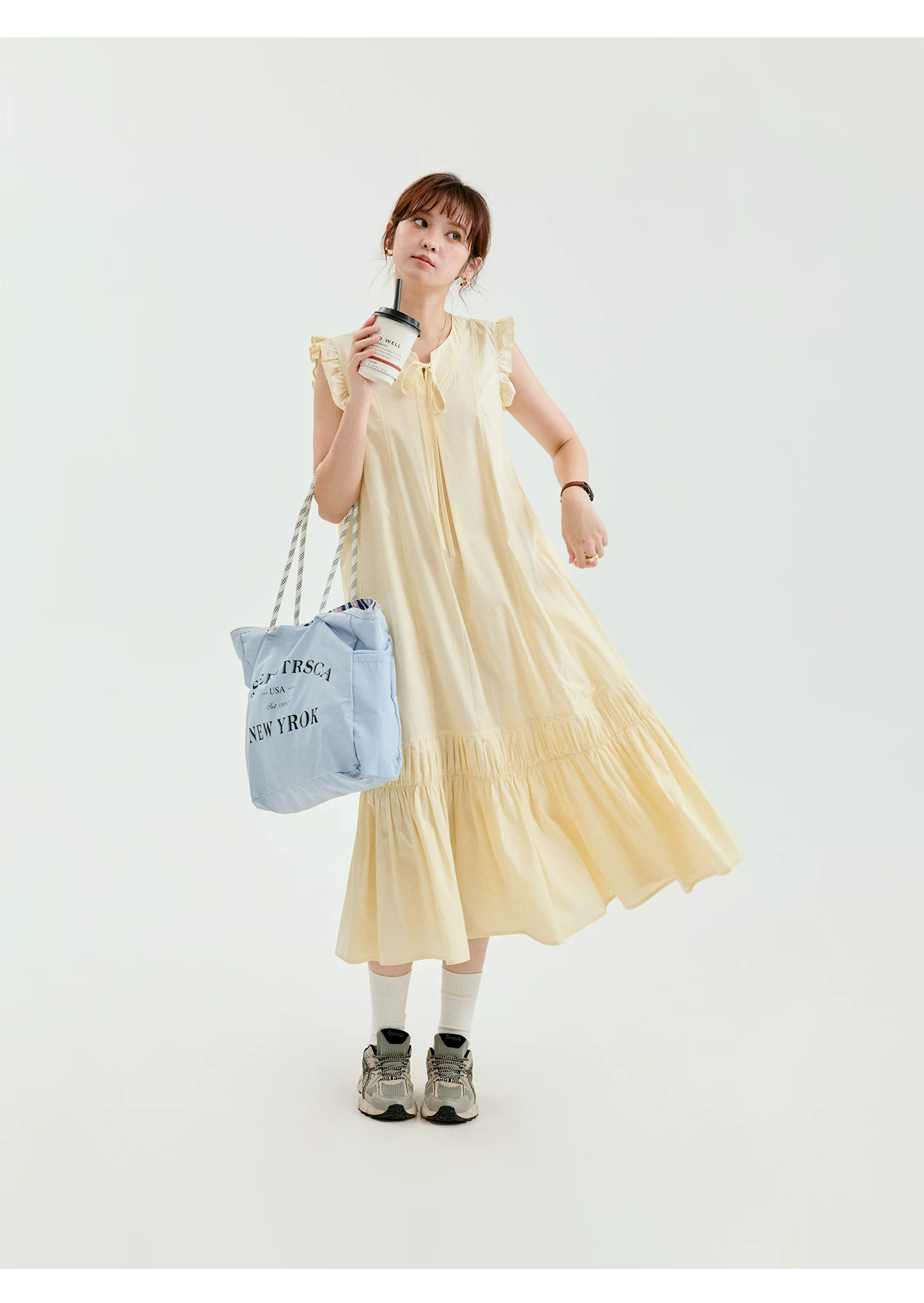 少女感小飛袖萊賽爾洋裝女夏季新款大擺背心裙,少女感小飛袖萊賽爾洋裝女夏季新款大擺背心裙,HBFS7170,少女感小飛袖萊賽爾洋裝女夏季新款大擺背心裙,綁帶衣領,天絲混棉