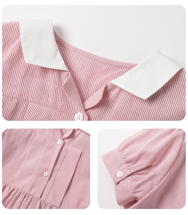 撞色小翻領親子甜美粉色短袖條紋襯衫連身裙洋裝