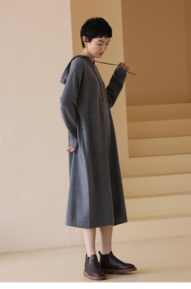 進口超細100%美利奴羊毛連帽寬鬆針織連身裙洋裝