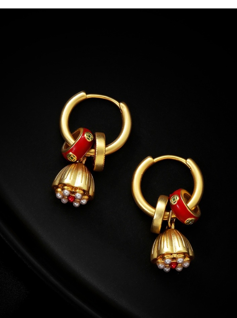 新品中式蓮蓬耳墜耳環女小眾復古設計一款多戴珍珠彩繪耳圈耳飾