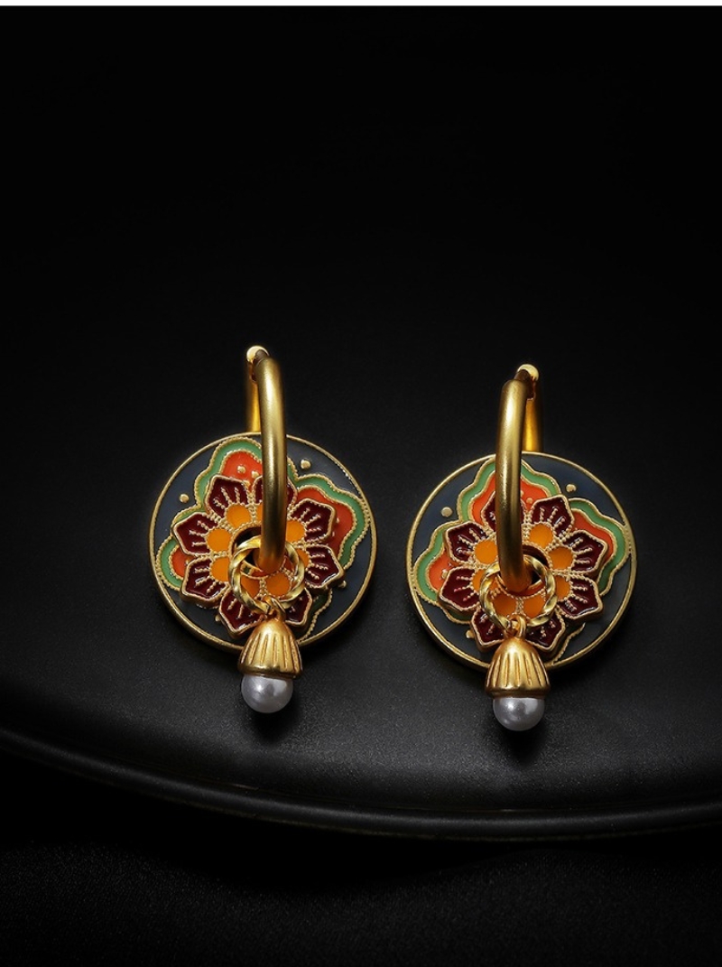 新品中式彩色滴釉設計花瓣珍珠耳環女復古文藝一款多戴耳圈耳飾