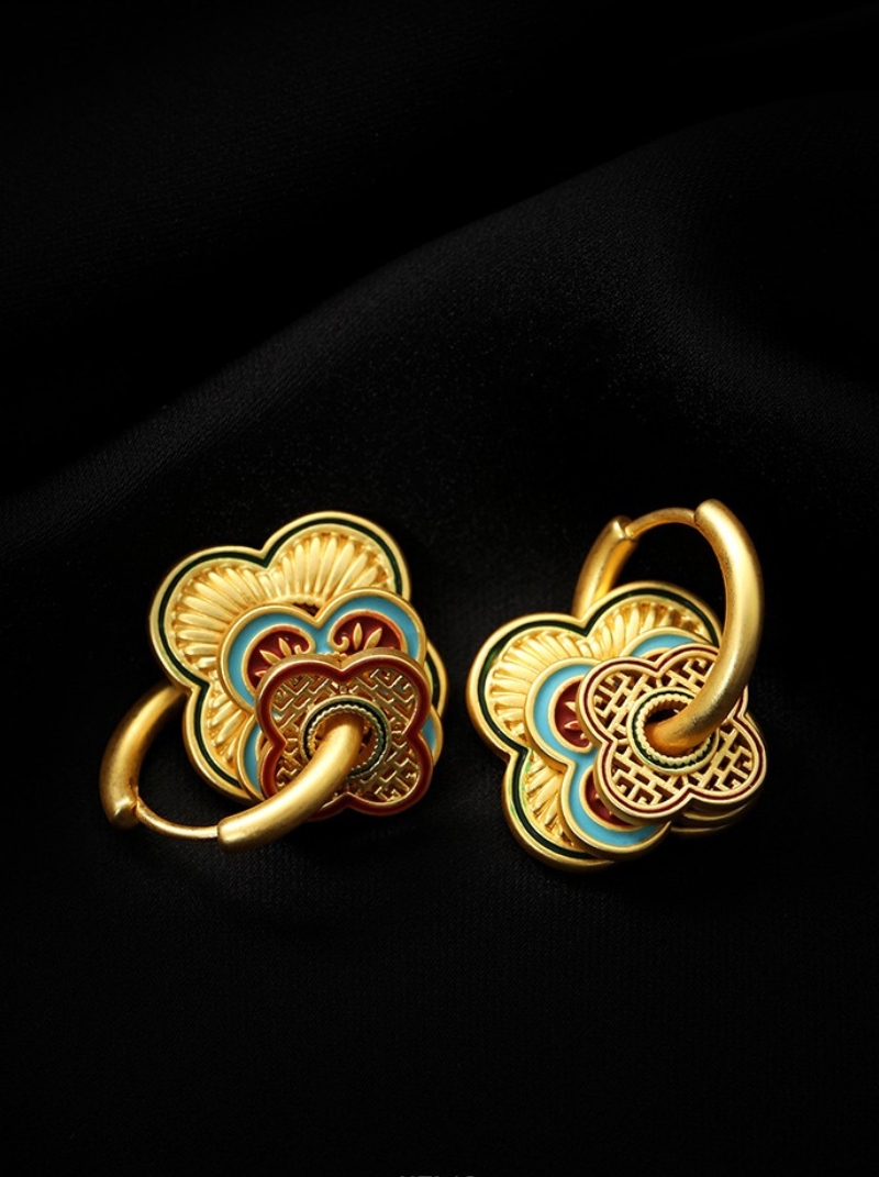 新品中式宮廷復古四葉耳環女小眾高級設計一款多戴琺瑯滴釉耳環