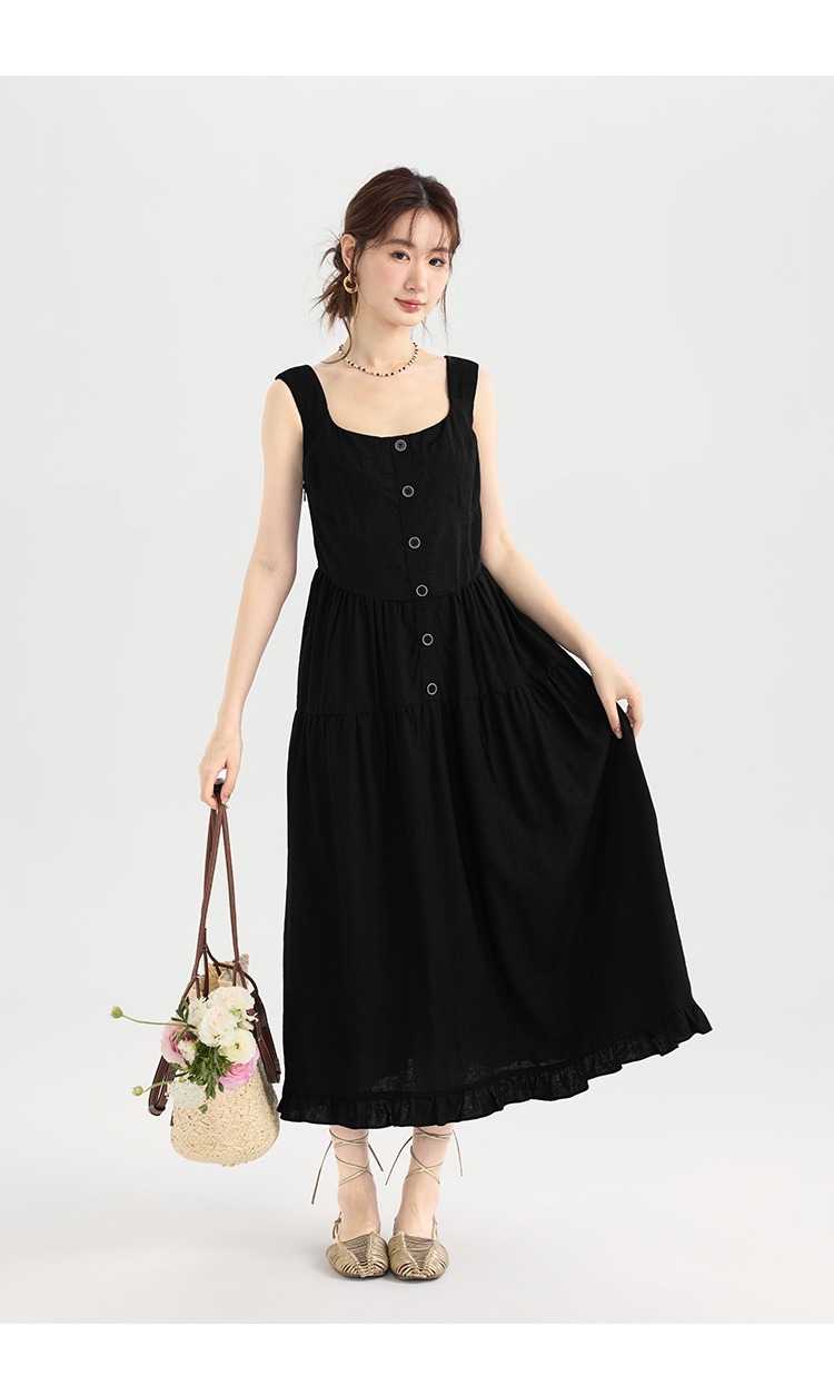 大尺碼吊帶背心裙女夏新品黑色洋裝高級感顯瘦氣質長裙連身裙