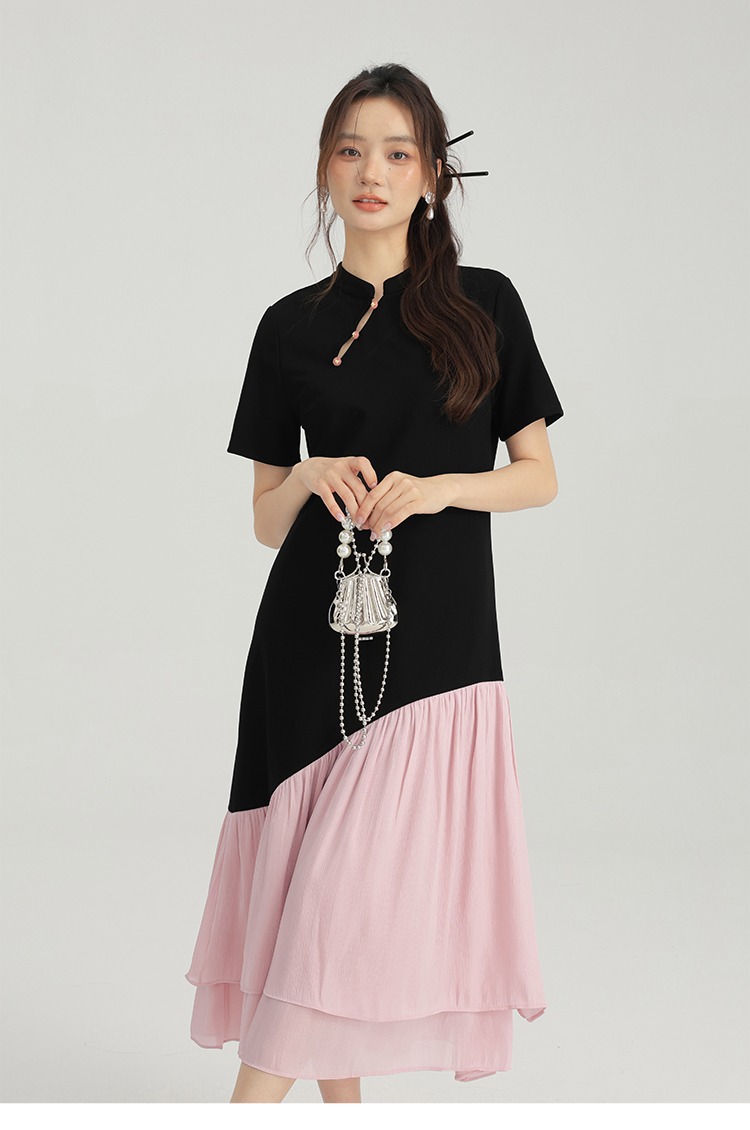 大尺碼中式改良盤扣連身裙女新品氣質高級感黑色長裙夏洋裝