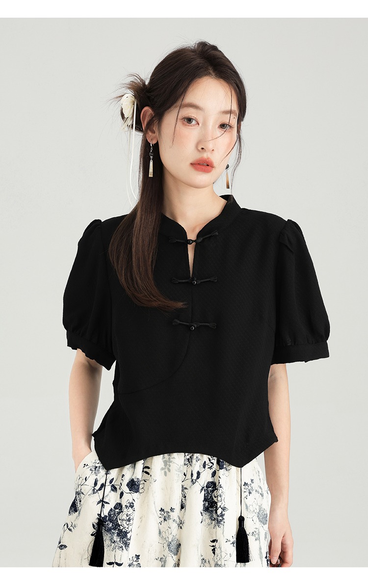 新品中式女裝大尺碼黑色襯衫高級感夏季復古中國風盤扣別緻上衣