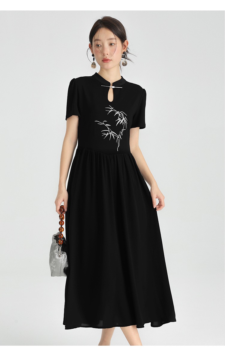 新品中式女裝洋裝高級感黑色長裙大尺碼胖mm裙子連身裙