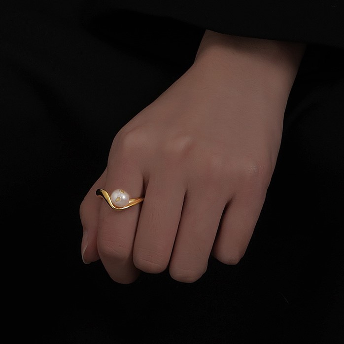 歐美K金色個性天然珍珠簡約戒指