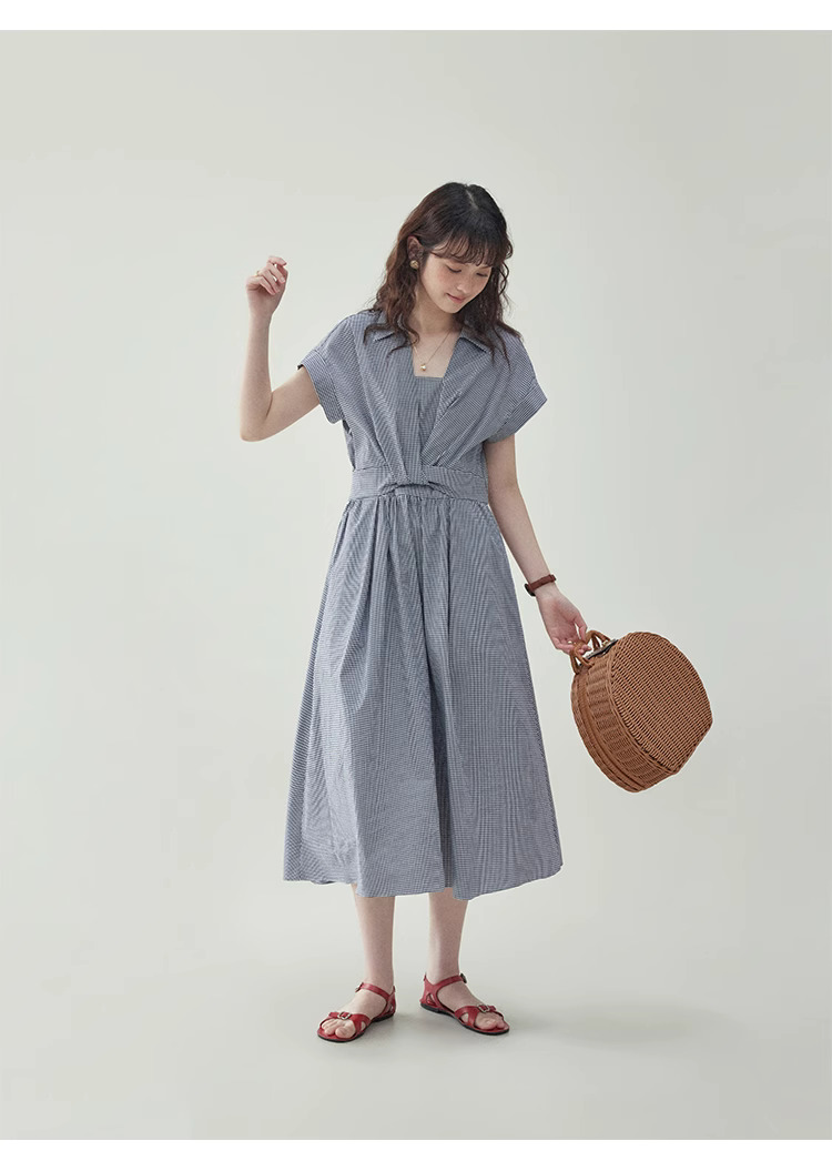 黑白格紋扭結短袖連身裙女夏季新款收腰a字中裙