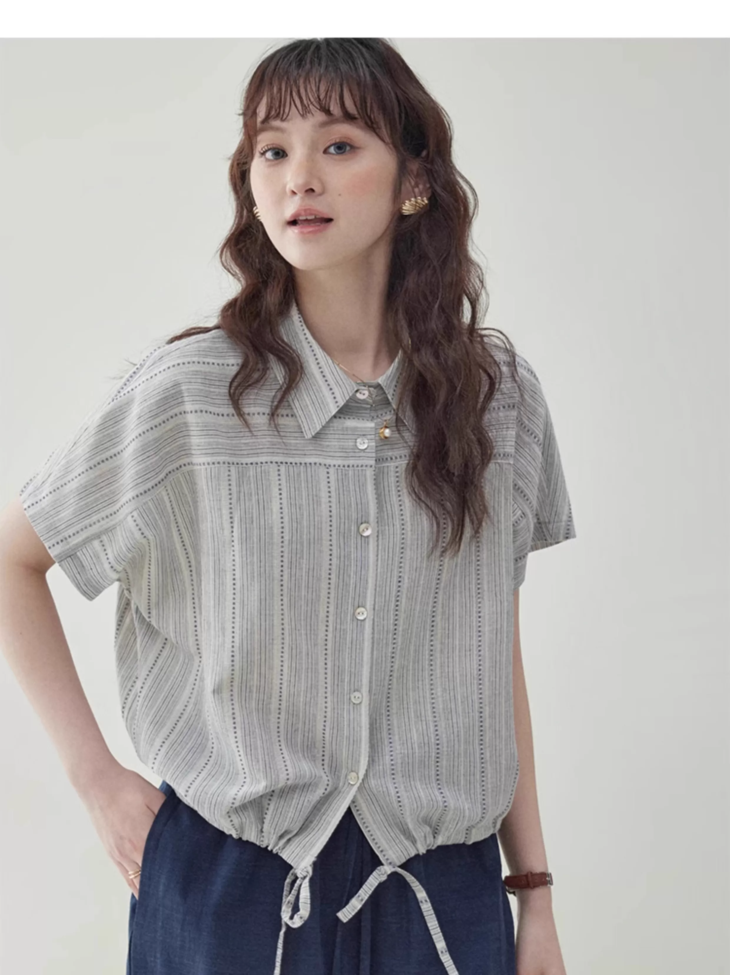 復古條紋純棉抽繩襯衫女夏季新款單排扣短袖上衣