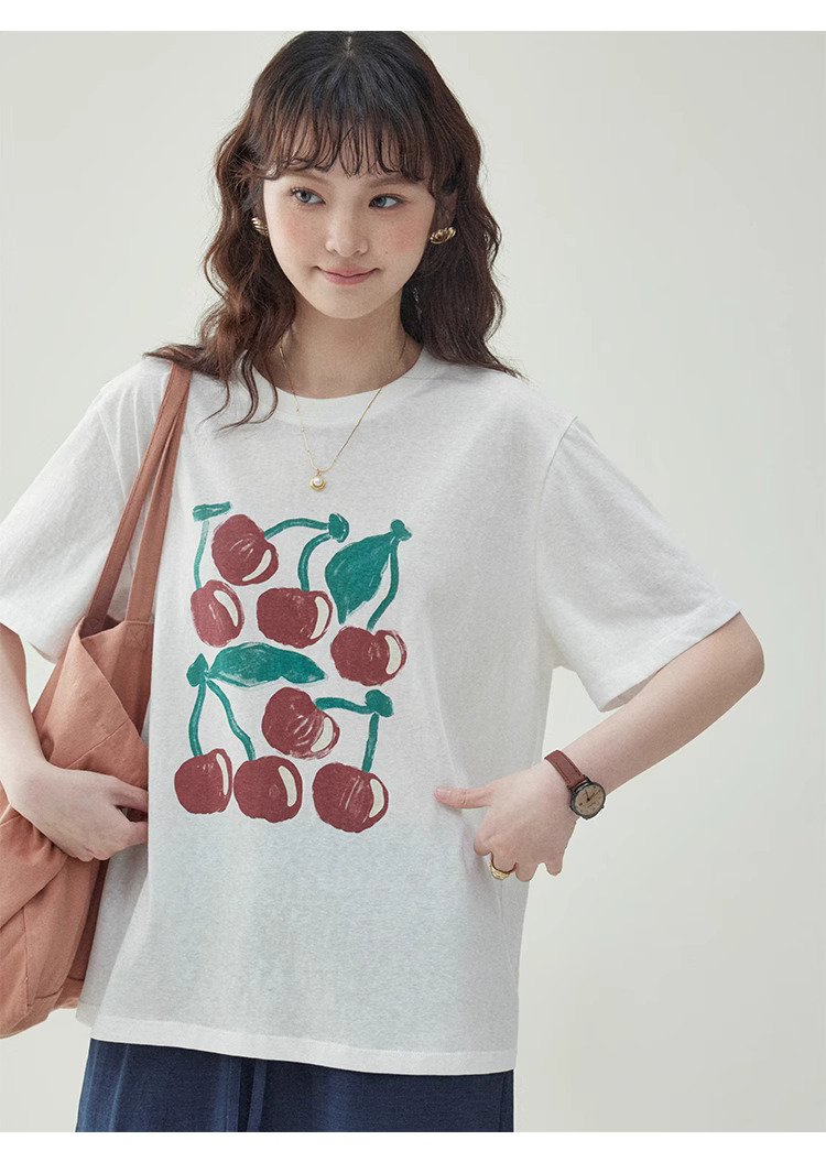拼色櫻桃印花純棉短袖t卹女夏新款寬鬆百搭上衣