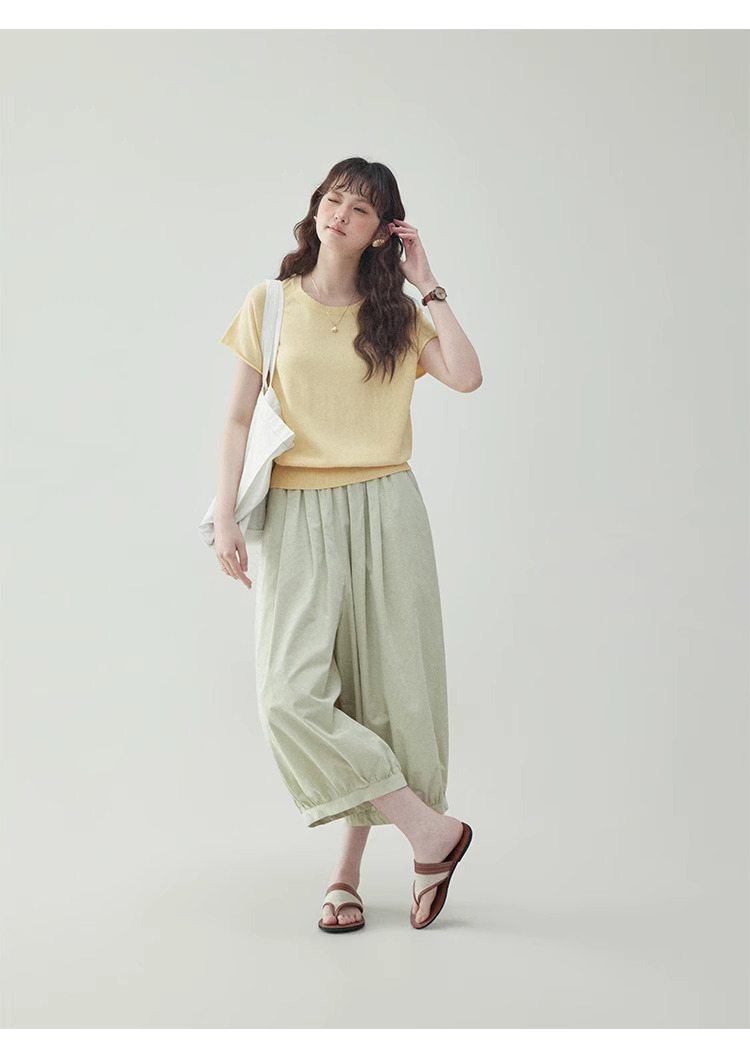 鵝黃色收腰捲邊針織衫女夏季新款插肩袖寬鬆上衣