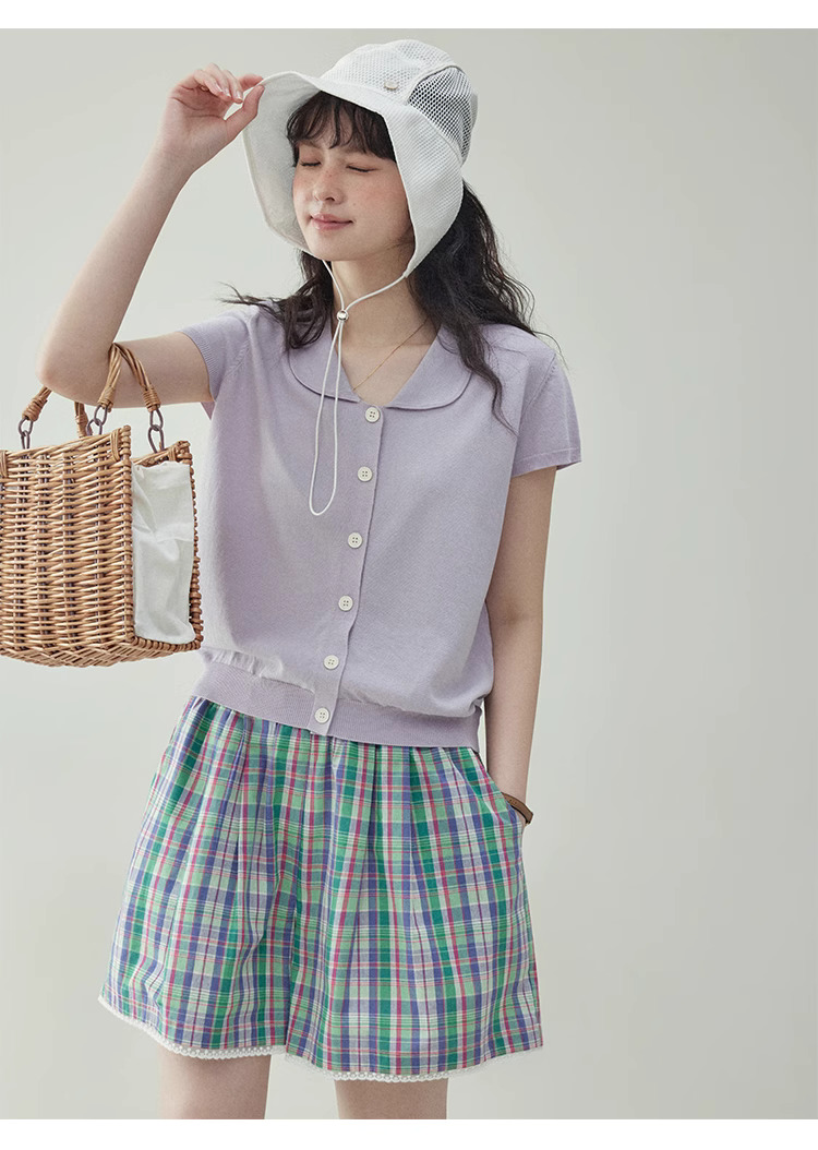 溫柔紫色娃娃v領針織衫女夏季新款短袖扣上衣