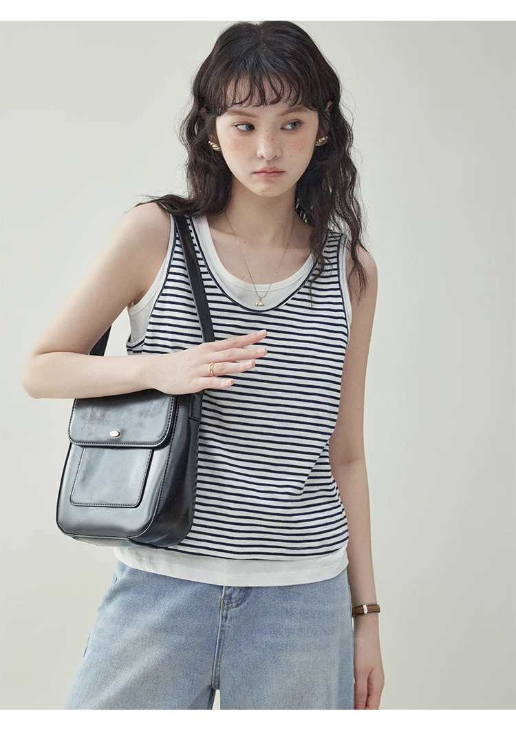 假兩件條紋無袖純棉T恤女夏季新款清涼背心上衣