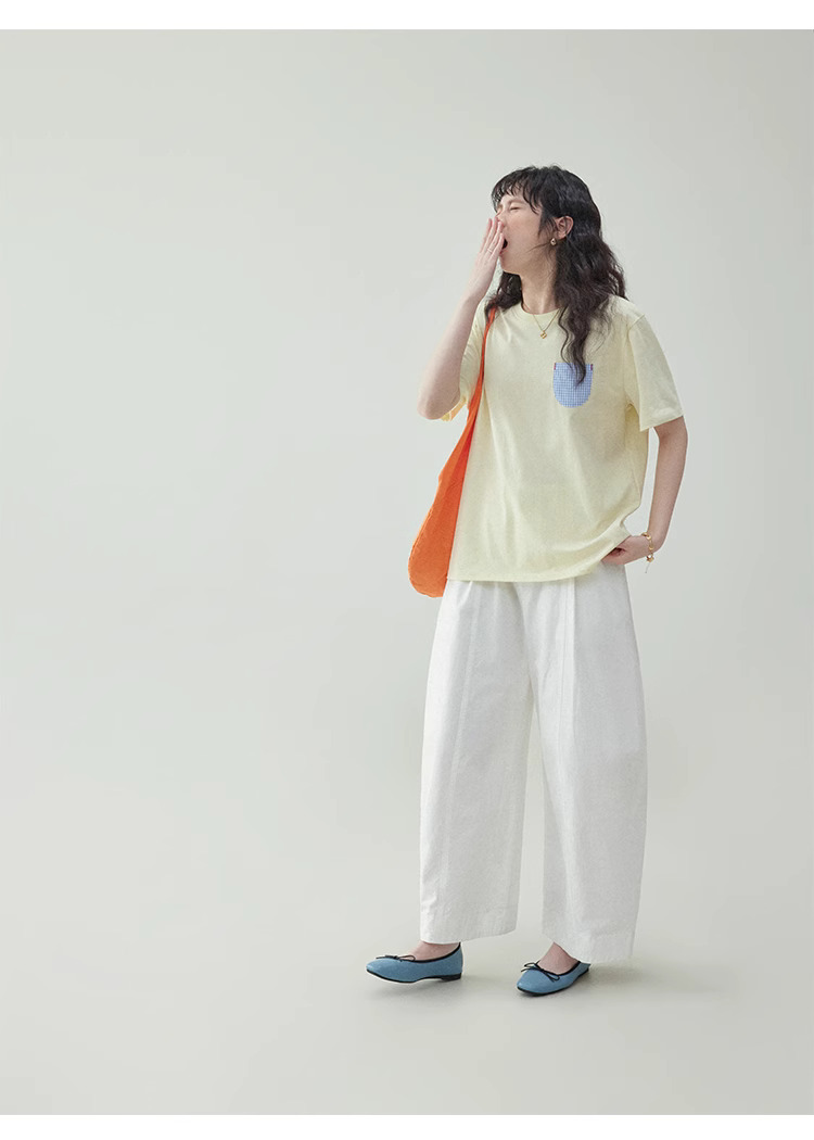 奶黃色藍格口袋純棉T恤女夏季新款減齡短袖上衣
