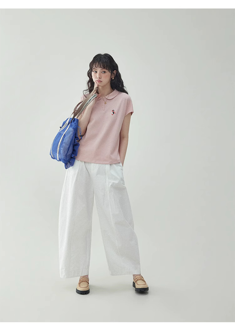 粉紅娃娃領企鵝刺繡T恤女夏季新款減齡短袖上衣