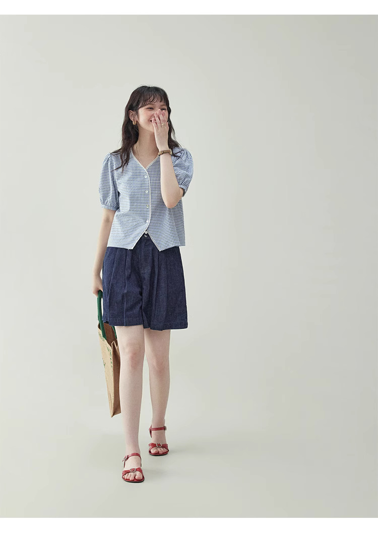 韓系深色高腰寬腿休閒牛仔褲女夏季新款寬鬆壓褶短褲