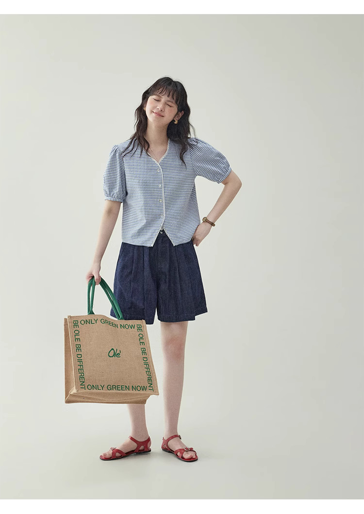 藍格泡泡袖短版純棉襯衫女夏季新款甜美寬鬆上衣