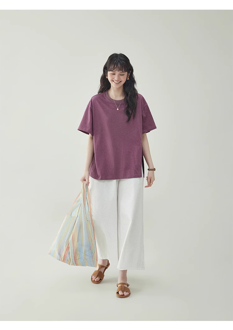 復古純色開叉短袖T恤女夏季新款設計感寬鬆上衣