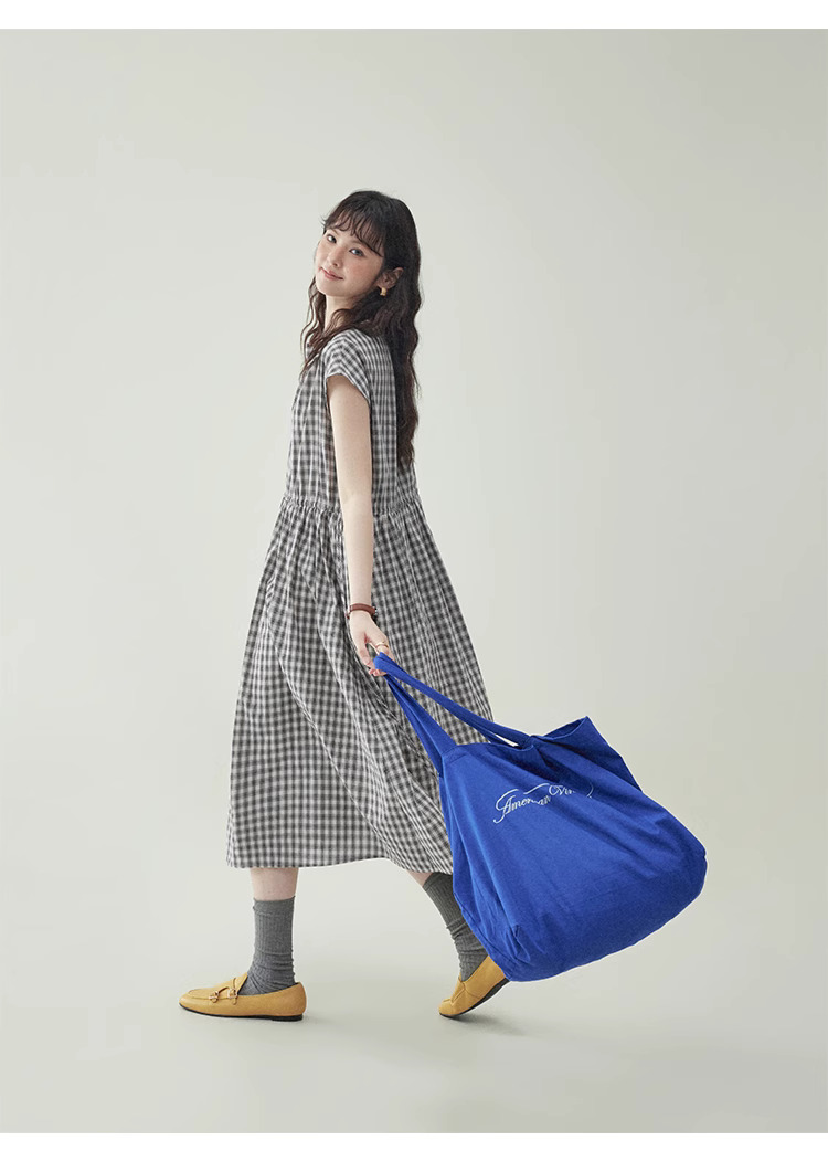 黑格抽繩v領純棉洋裝女夏季新款a字短袖中長裙