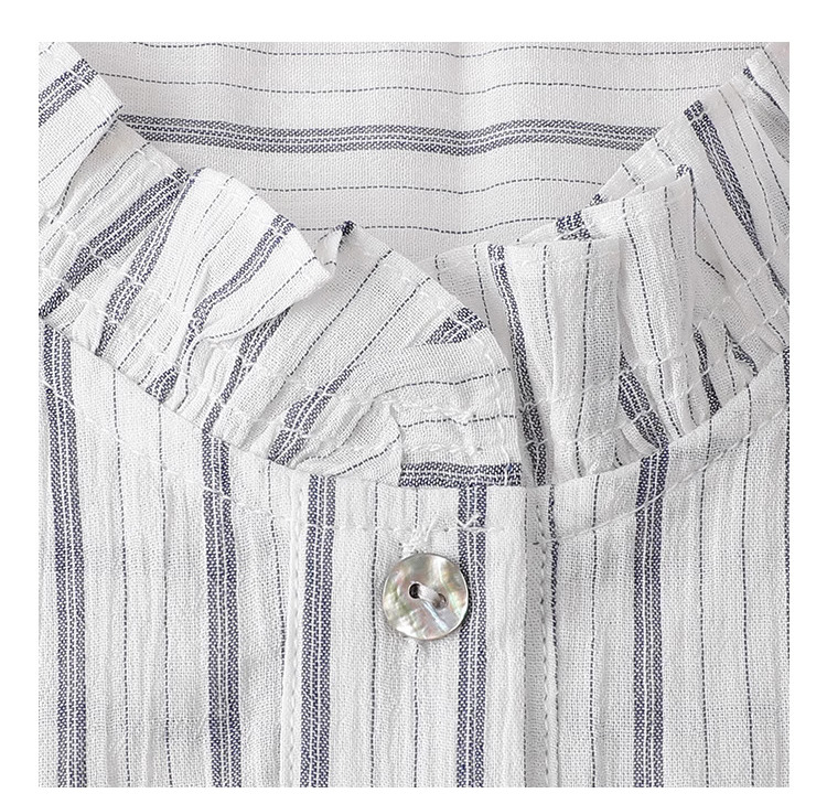 清爽豎紋花邊領短袖襯衫女夏季新款純棉寬鬆上衣