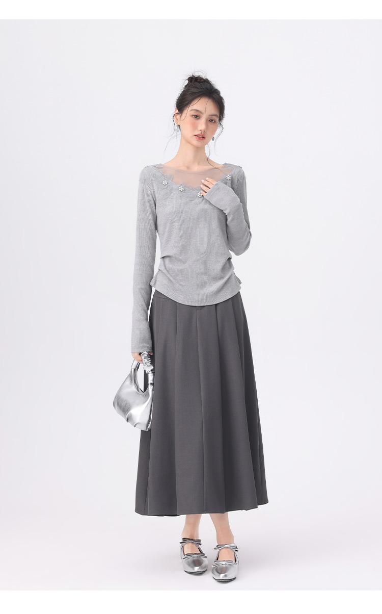 大尺碼女裝正肩長袖t恤穿搭微胖蕾絲花朵上衣