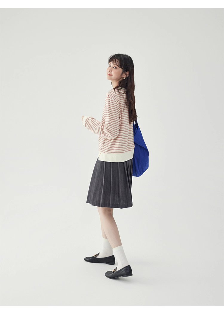 條紋不規則下擺衛衣T恤女秋季新款圓領長袖上衣