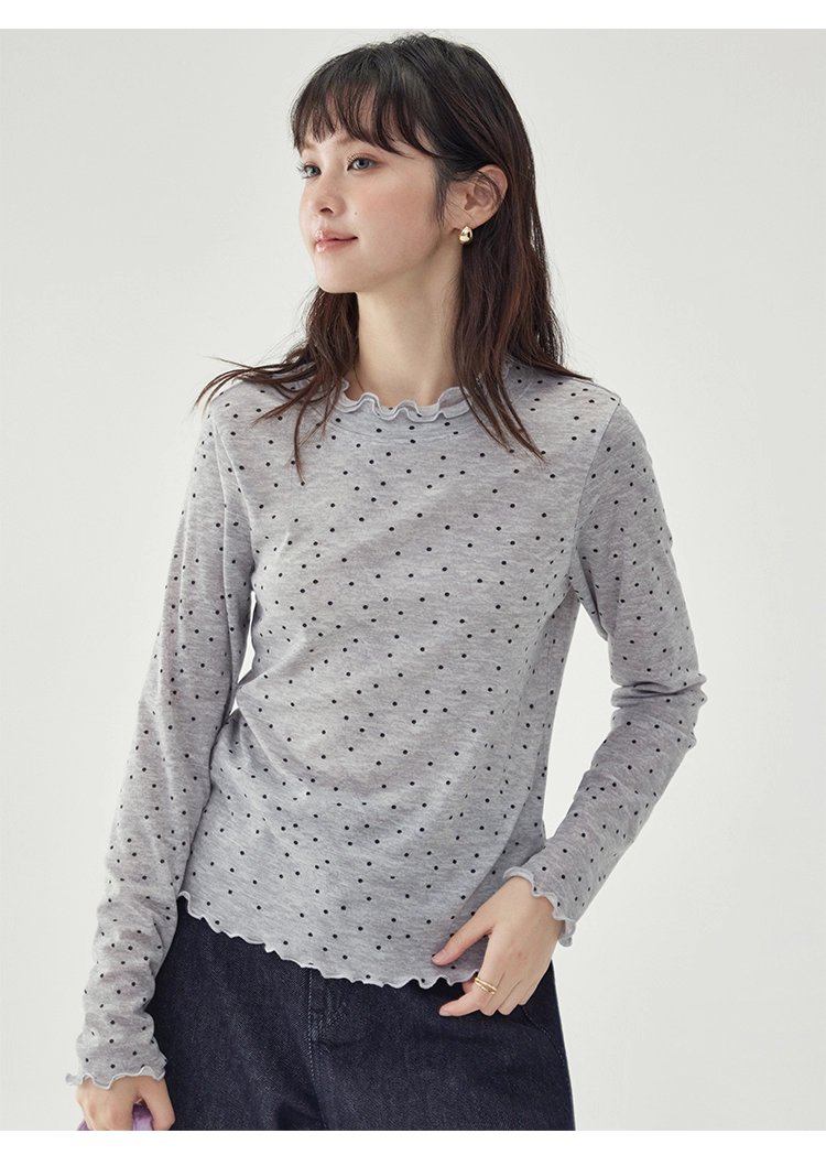 韓系密邊領波點長袖T恤女秋季新款內搭寬鬆上衣