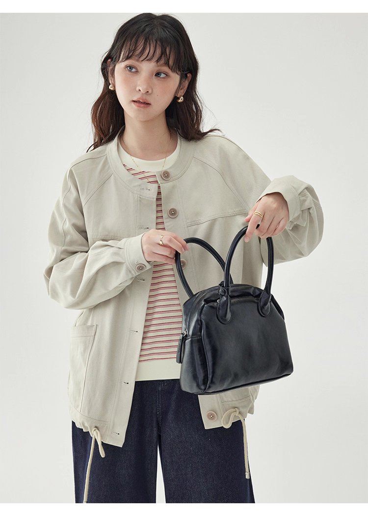 純色單排扣抽繩下擺外套女秋季新款圓領長袖上衣