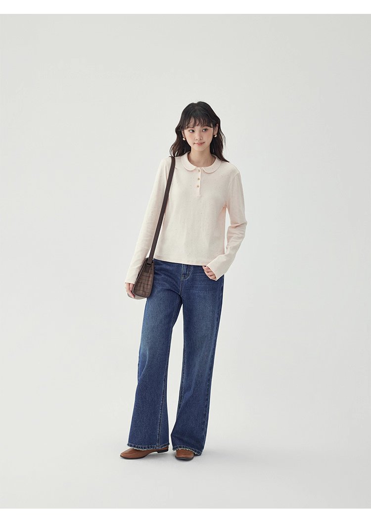 彩點小翻領長袖T恤女秋季新款時尚百搭上衣