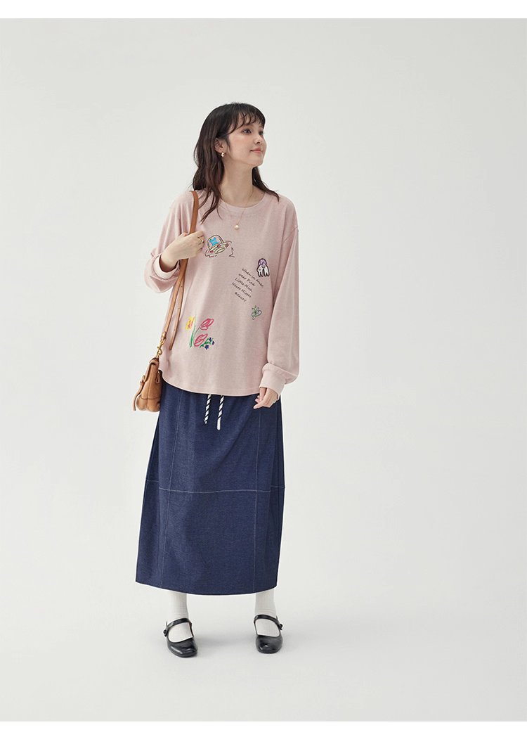 藍色鬆緊腰a字半身裙女秋季新款百搭抽繩中長裙