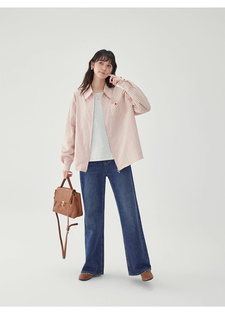 粉紅色圖案雙拉鍊長袖襯衫女秋季新款純棉外套上衣