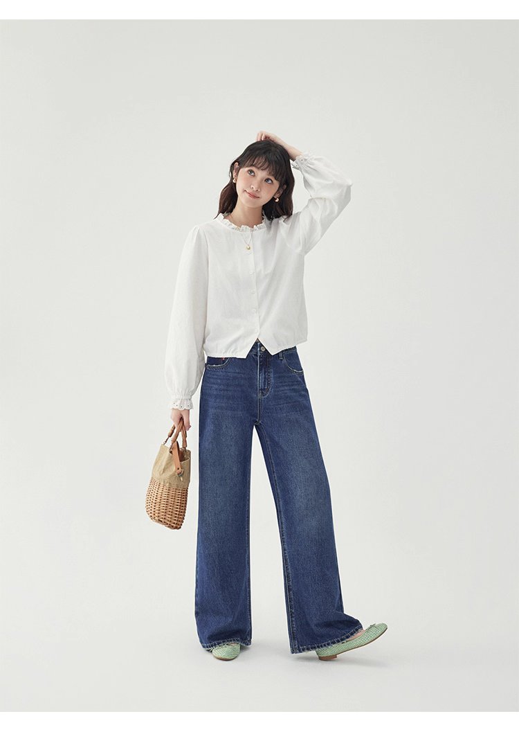 花邊長袖後貼花片白襯衫女秋季新款甜美純棉上衣