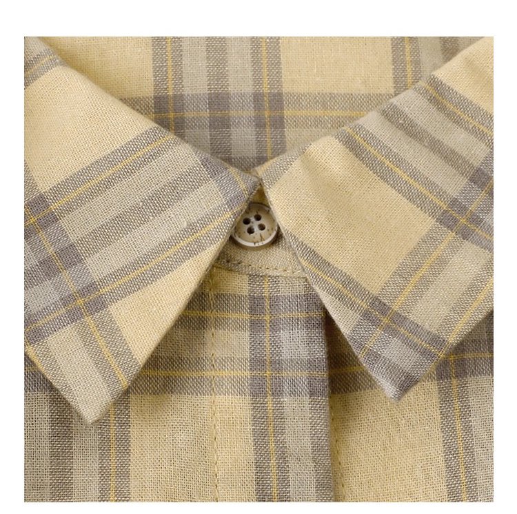 黃格單排扣抽繩下擺襯衫女秋季新款純棉長袖上衣